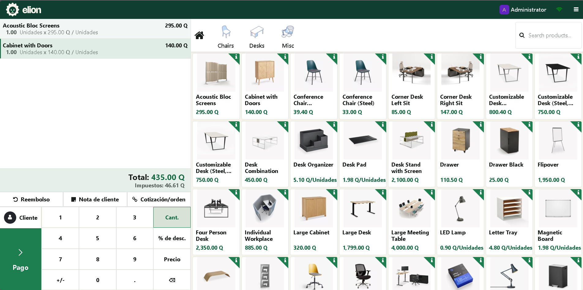 Punto de venta de Elion con productos y total de la venta